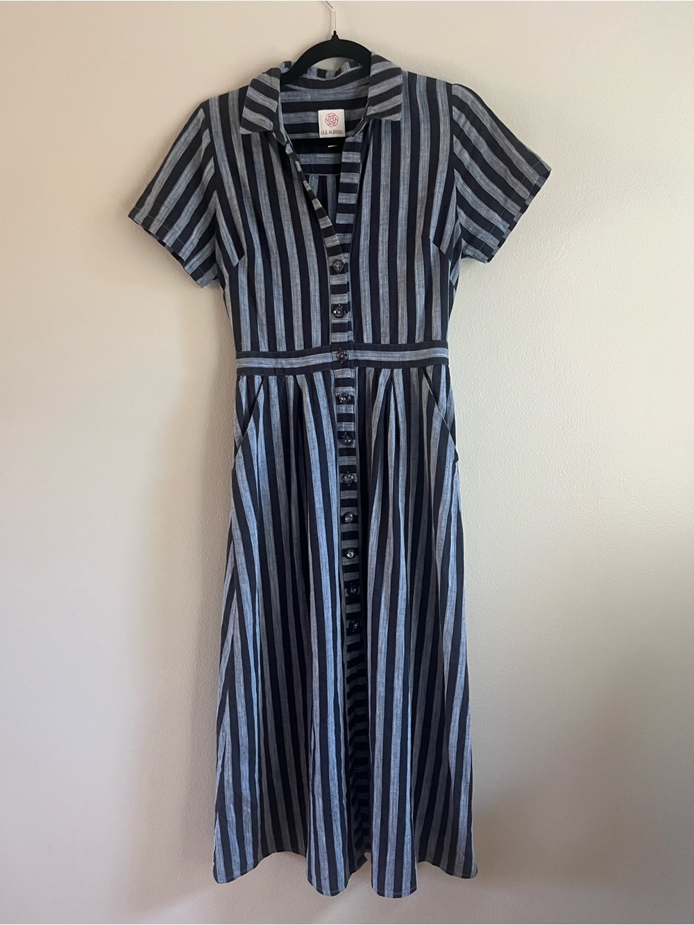 GÜL HÜRGEL Black & Blue and Striped Button-Front Midi Dress
